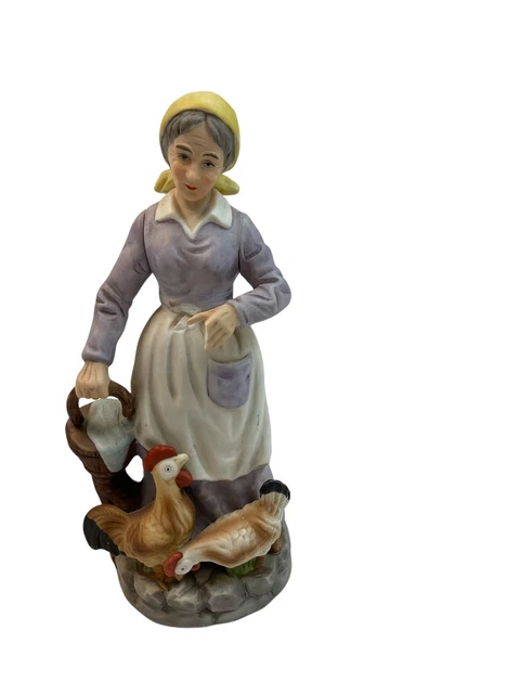 Royal  California Vintage Figurine In  ceramic elderly lady feeding chickens,.