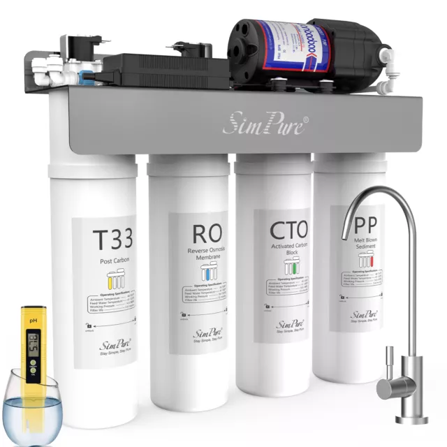 SimPure WP2-400GPD UV Water Filter Reverse Osmosis System Under Sink + PH Meter