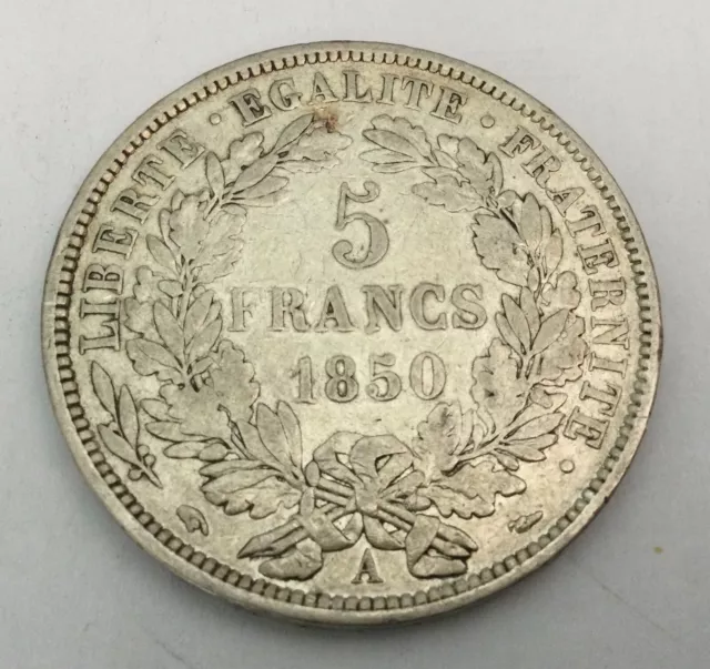 France: 1850 A Republic Crown sized silver coin 5 Francs