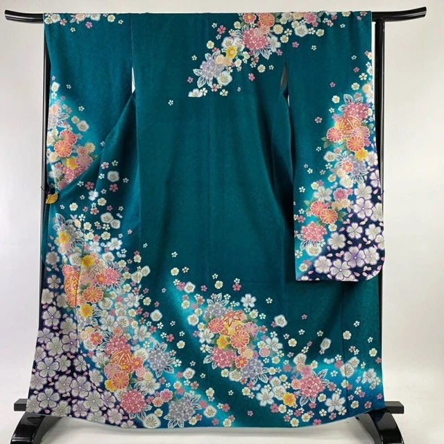 Woman Japanese Kimono Furisode Silk Temari Flower Gold Silver Thread BlueGreen