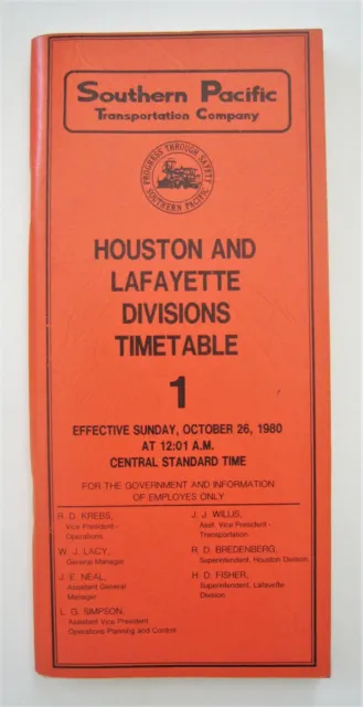 Vintage 1980 Southern Pacific Railroad Timetable No. 1 Houston Division