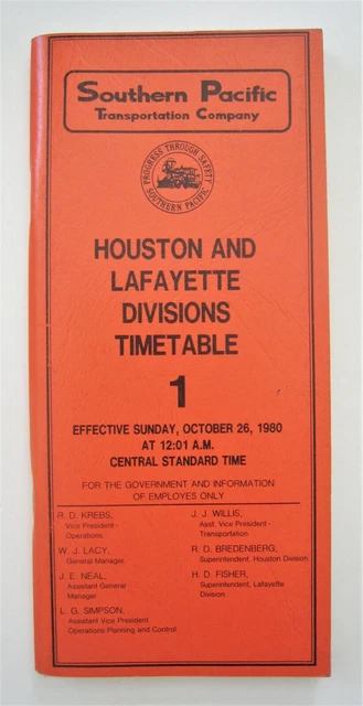 Vintage 1980 Southern Pacific Railroad Timetable No. 1 Houston Division