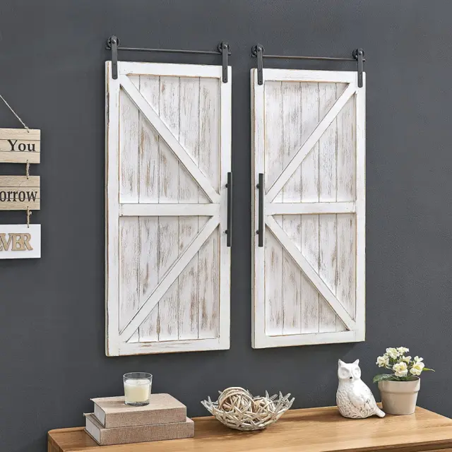 FirsTime & Co. Carriage House Barn Door Wall Plaque Set, 34"L x Aged White