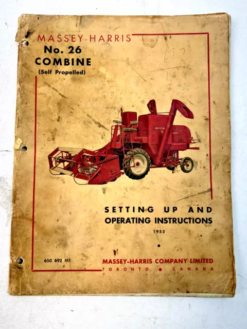 Vintage 1952 Massey-Harris No. 26 Combine Operator's Manual