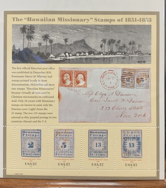 2001 USPS STAMP Sheet The “Hawaiian Missionary” Stamps Of 18511853