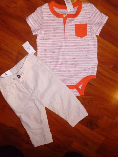 6 9 12 M BABY GAP 2pc Orange Henley Bodysuit Tan Khaki Pants Boy Outfit NWT