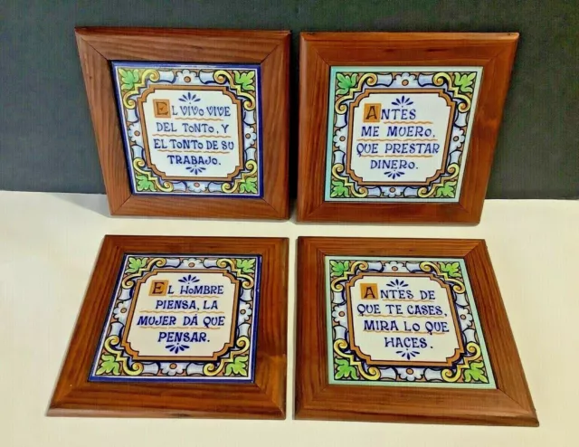 Set 4 VTG Spain Ceramic Talavera Hand-Painted SPANISH QUOTES 6"x 6" Decor Tiles 9