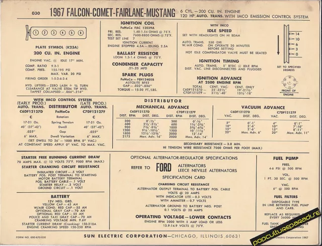1967 Ford Falcon/Comet/Fairlane/Mustang 200 Automatic Sun Electronic Spec Sheet