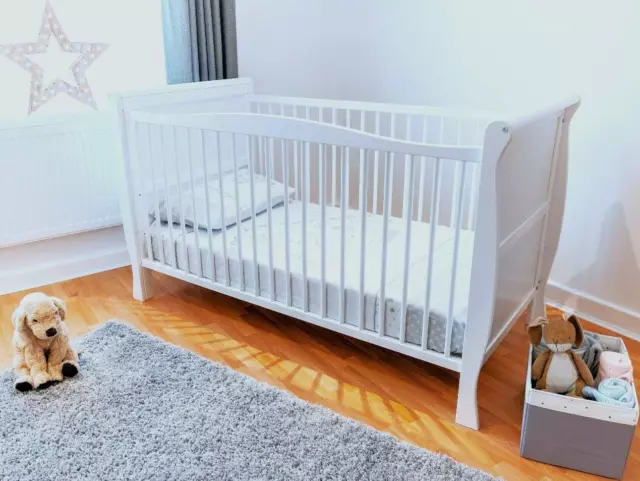 Wooden Sleigh Cot Baby Bed Convertable into Junior Bed Suitable for a Newborn