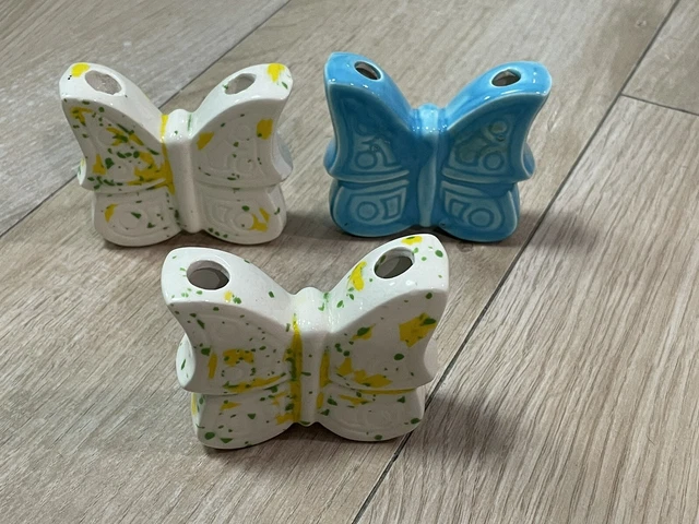 Vintage Ceramic Butterfly Macrame Beads Set of 3 Mid-Century Modern MCM