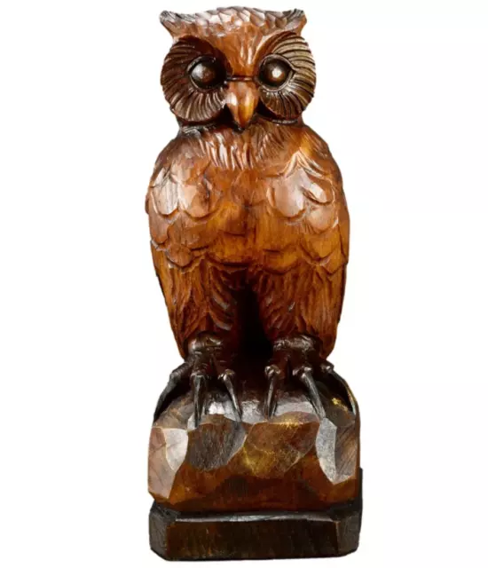 Antique French Black Forest Hand Carved Wood Owl Statue