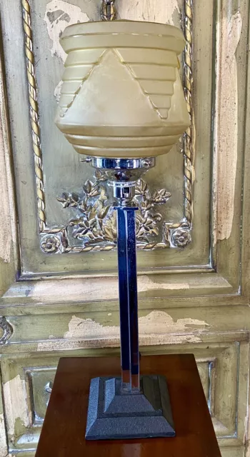 Vintage Art Deco Table Desk Lamp Chrome Stem Glass Globe Shade Original