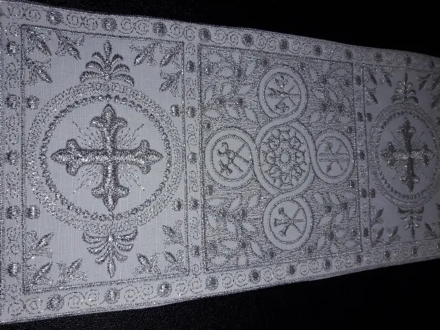 Liturgical French Cross Design Banding Silver Lame on White 6" for Vestment