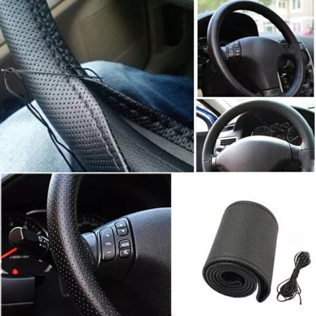 DIY Car Truck Leather Steering Wheel Cover With Needles and Thread Black