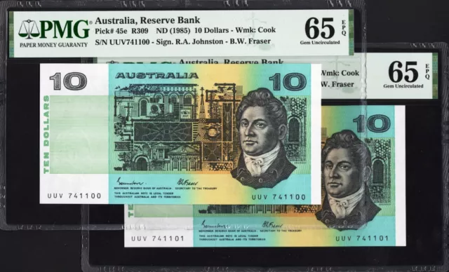 Australia 2 x 10 Dollars P45e R309 1985 Johnston Fraser PMG65 Gem UNC EPQ SET