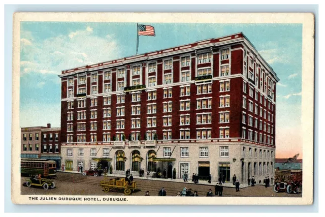 c1920's Dubuque IA, The Julien Hotel Building Cars Bus View Vintage Postcard