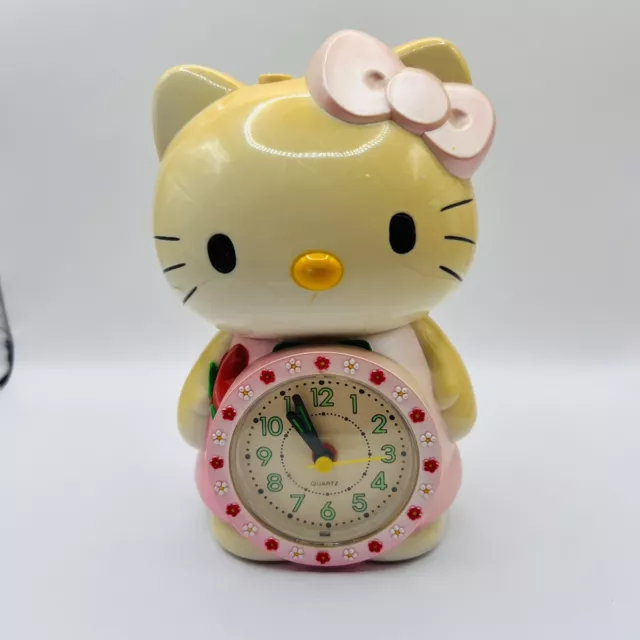 Vintage Hello Kitty Quartz Alarm Clock Pink Ribbon Flowers RARE *TESTED/WORKS*