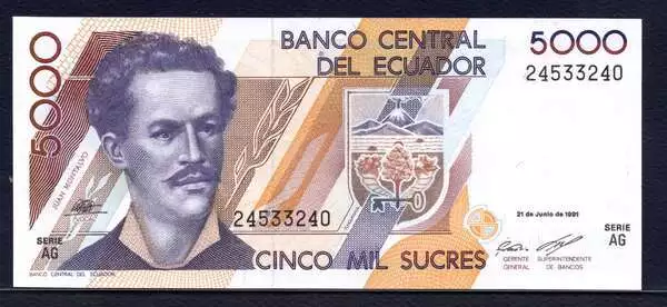 ECUADOR , P-128a, 5,000 SUCRES, 1991, UNC