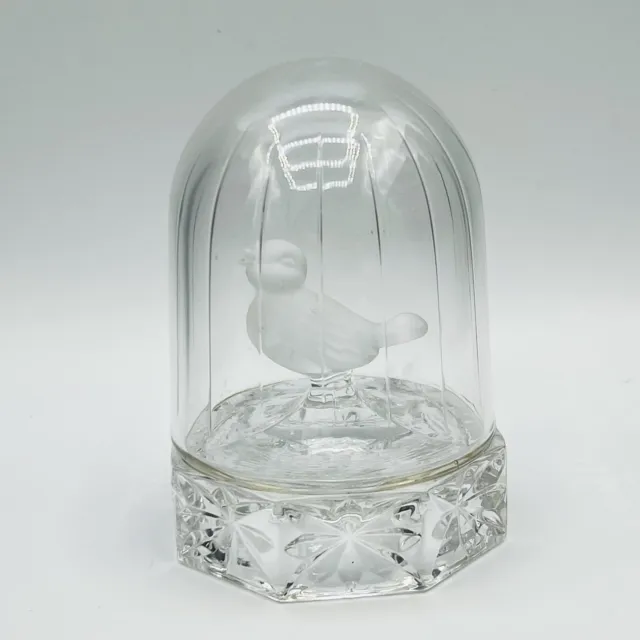 Vintage Hofbauer Lead Crystal Frosted BIRD in GLASS DOME Cage  Paperweight Heavy