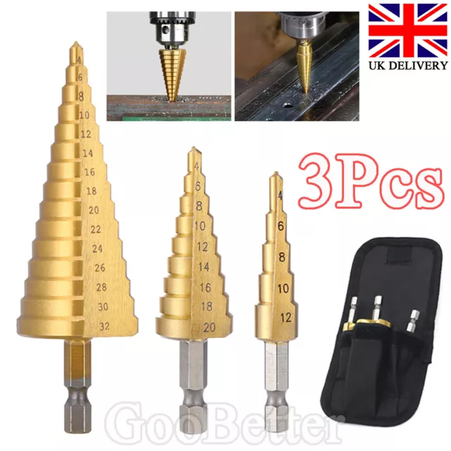 3Pcs Large HSS Steel Step Cone Drill Hole Cutter Titanium Bit Set 4-12/20/32MM