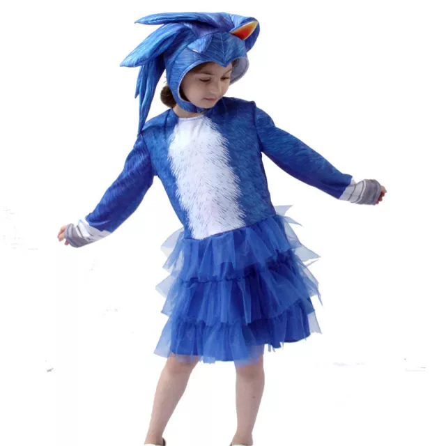 Kids Sonic Cosplay Costume Blue Dress Girls Halloween Party Outfit With Headgear