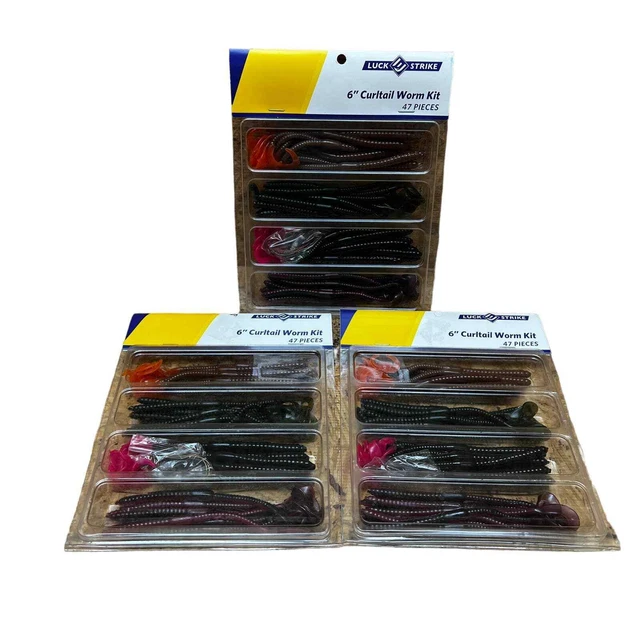 Luck-E-Strike 47 Piece 6" Curltail Worm Kit Fishing Lures 3 Sets