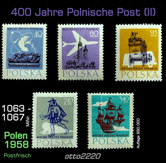 Polen 1958, MiNr. 1063 - 1067; {2} "400 Jahre polnische Post" (II), Postfrisch