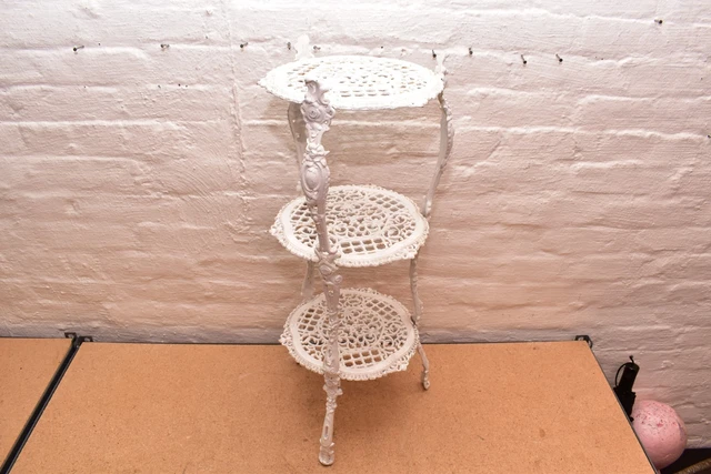 Cast Iron 3 - Tier Shelf Table Plant Stand Garden Deck White Victorian Style VTG