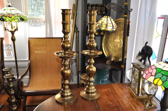 Pair Vintage Brass Pillar Altar Candlesticks 27" Holders Floor Church Temple