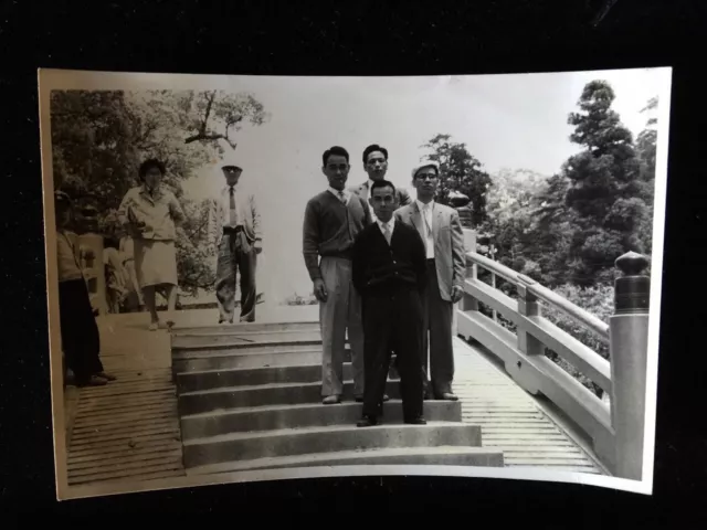 #10675 Japanese Vintage Photo 1940s / man people suit tie shrine bridge