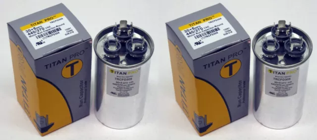 2 PACK TitanPro TRCFD305 HVAC Round Dual Motor Run Capacitor 30/5 MFD/UF440/370