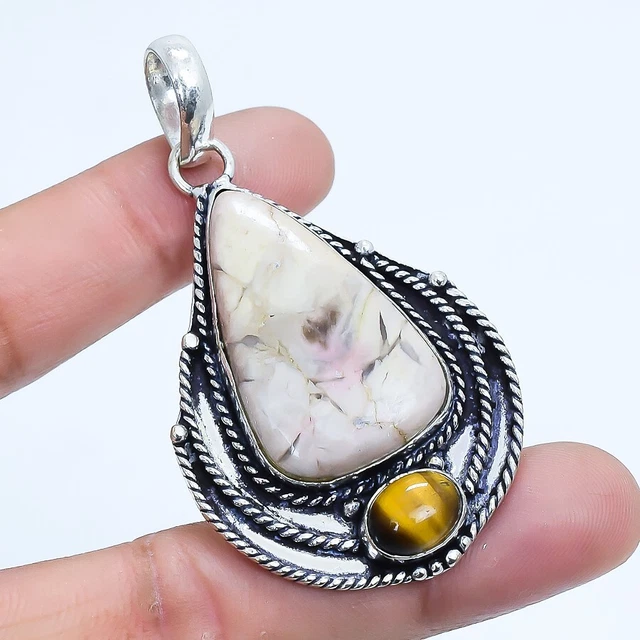 Pendentif Oeil De Tigre Ovale Fait Main - Pierre Naturelle Plaqué Argent