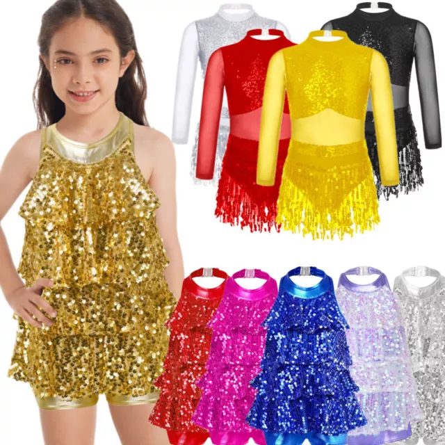 Kids Girls Sequins Tassel Dance Dress Leotard Ballet Jazz Performance Costume