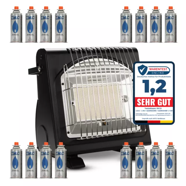2in1 Tragbare Gasheizung Camping Butan Gas Kocher Keramik+16 Gaskartuschen 1,7KW
