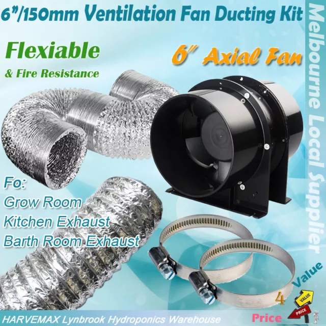 Hydroponics 6"/150mm Intake Exhaust Fan Aluminum Ducting Combo Ventilation Kit