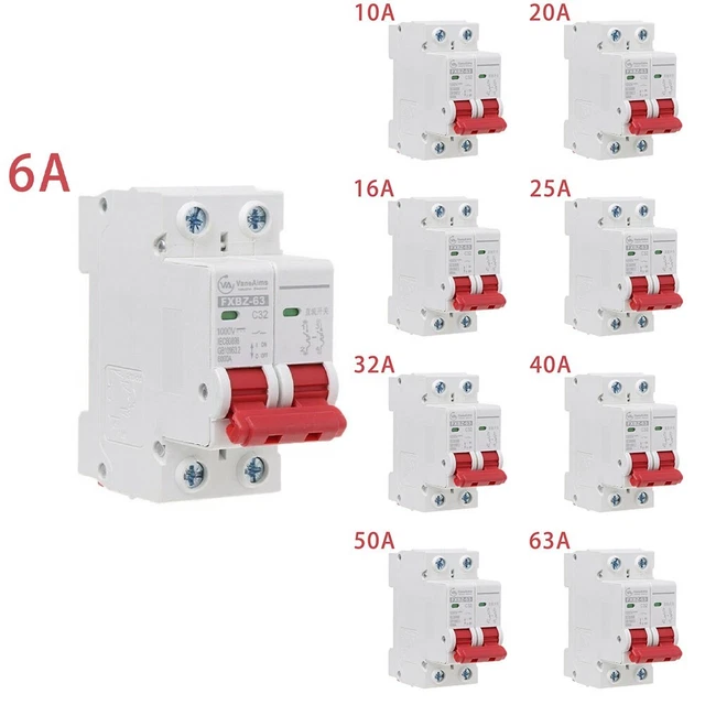 1PC 2-Poles DC1000V Solar Mini Circuit Breaker 6/10/16/20/25/32/40/50/63A DC MCB
