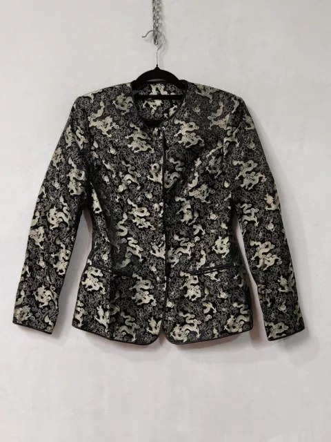Womens Tailored Brocade Jacket Chinese Dragons Black Gold Buttons Pockets (2110)