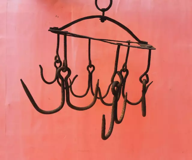 ANTIQUE VERY RARE OLD HAND FORGED WROUGHT IRON HOOK HANGER 19th DRAW WELL