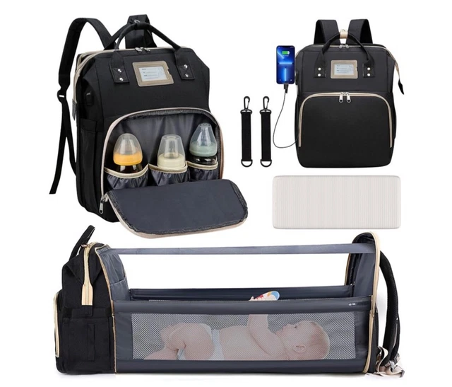 Diaper Bag Backpack, Multifunctional Baby Changing Bag with Foldable Crib