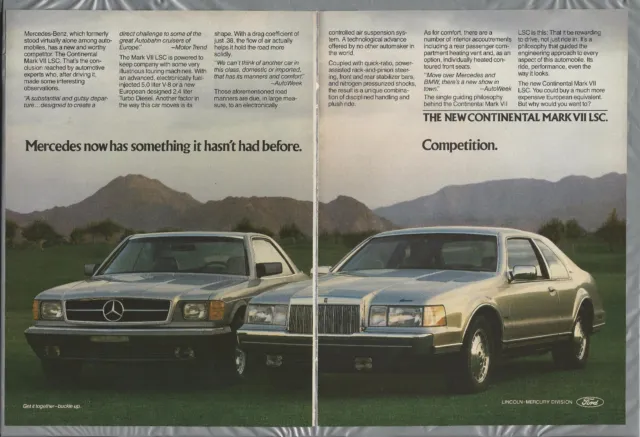 1984 LINCOLN CONTINENTAL 2-page advertisement, Mark VII Ford ad, with Mercedes