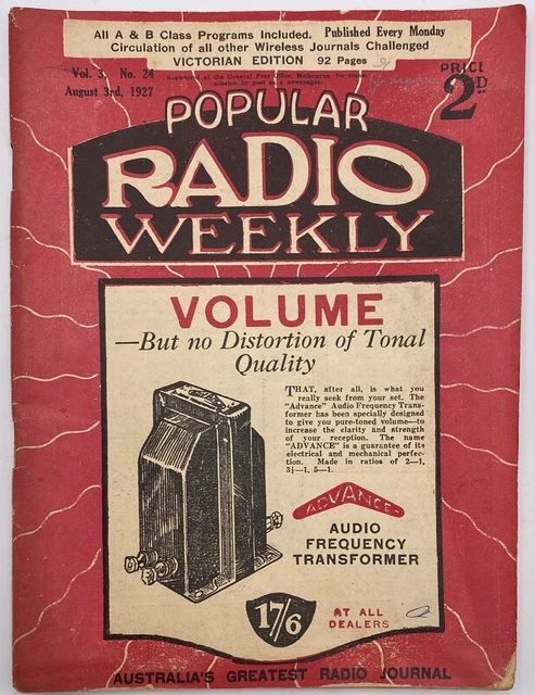 Radio Journal POPULAR RADIO WEEKLY Australias Greatest Radio Journal Program 1927 ...