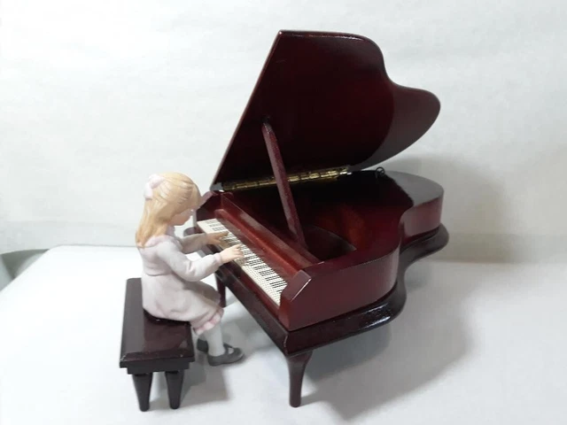 Vintage 1982 ENESCO "FIRST RECITAL" WOOD PIANO W/ STOOL GIRL FIGURINE MUSIC BOX
