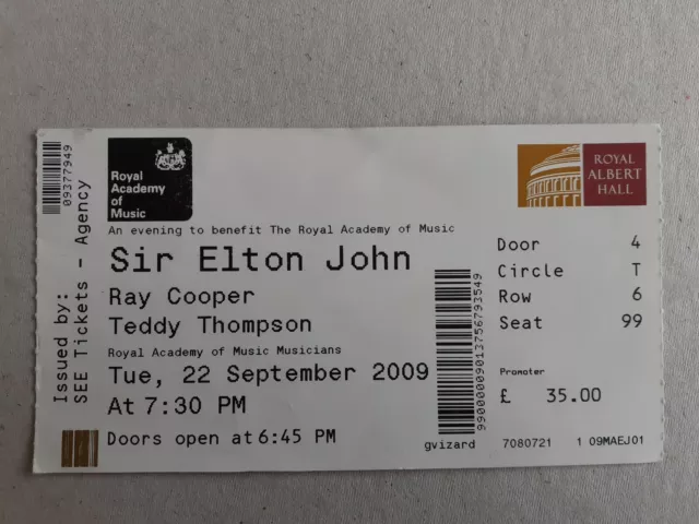 Elton John Ray Cooper Royal Albert Hall 2009 Used Concert Ticket