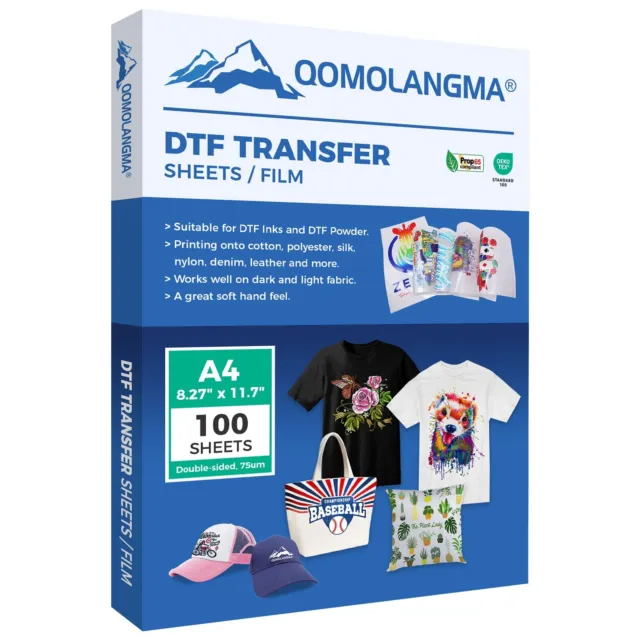 Qomolangma A4 8.27" x 11.7" DTF Transfer Film Double Sided Hot Peel 100 Sheets