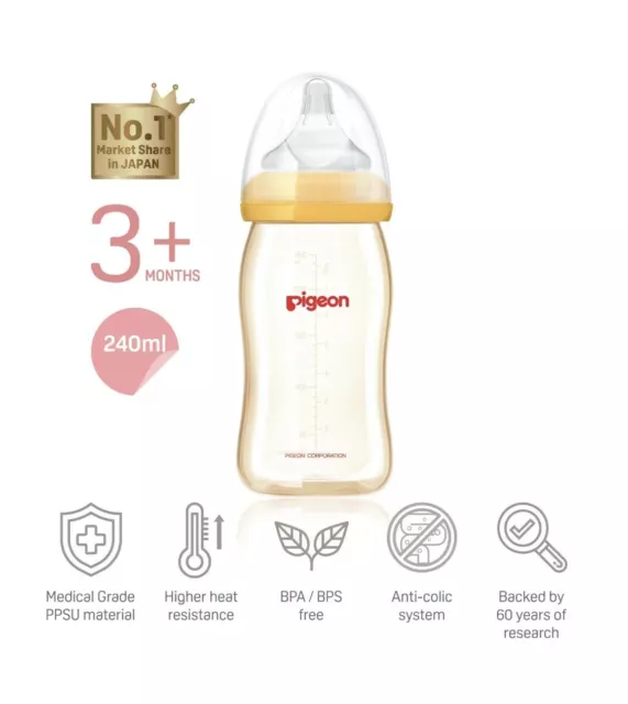 Pigeon Softouch Peristaltic Plus Wide Neck Anti Colic, BPA & BPS Free PPSU 240ml 3