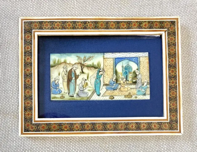 Persian Mughal Miniature Court Painting on Bone w/ Exceptional Khatam Frame
