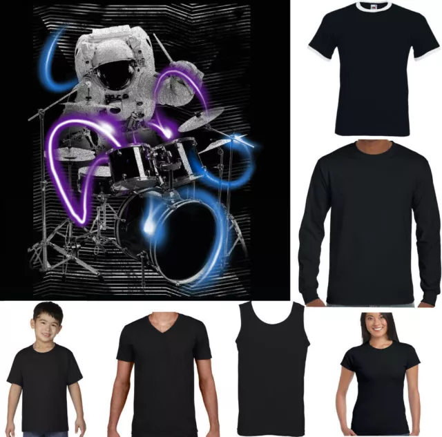 ASTRO DRUMMER T-Shirt Mens Funny Drumming Drum Kit Spaceman Astronaut Band Top