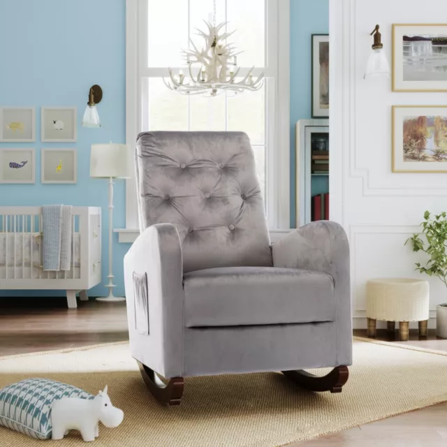 Velvet Nursery Rocker Recliner Chair Rocker Upholstered Wood For Living Room
