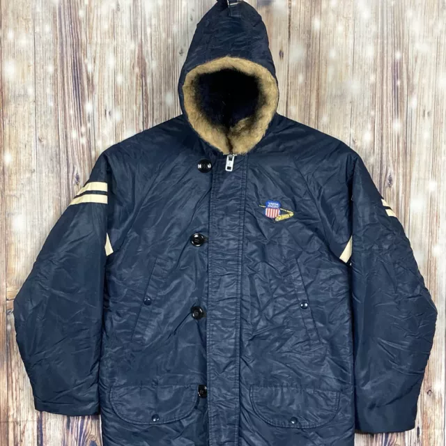 VTG Union Pacific Railroad Jacket Parka Navy Blue Nylon Coat Full Zip Small USA