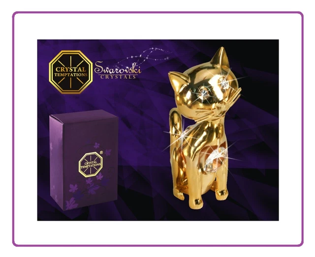 4708 Oro Gato Pequeño Cat Piedra Swarovski Cristal 24 Quilates Cristal 7 CM